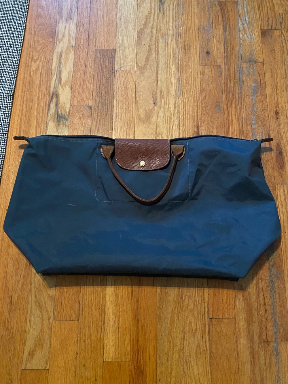 Longchamp Le Pliage L Navy Tote with Brown Leather Trim